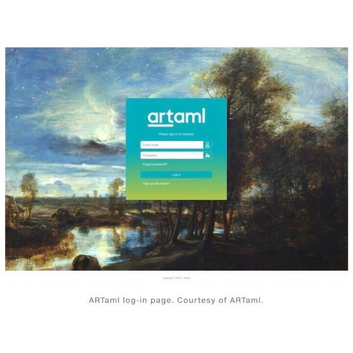 ArtAML log-in screen with a Rubens landscape painting in the background