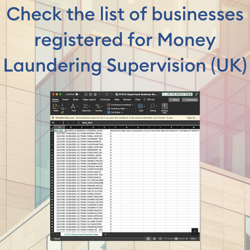 Text (list of registered businesses) on light background (a building) with an image of an excel spreadsheet