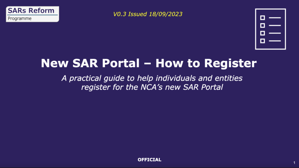 Screenshot of cover of SAR registration guide. Purple background with white text.